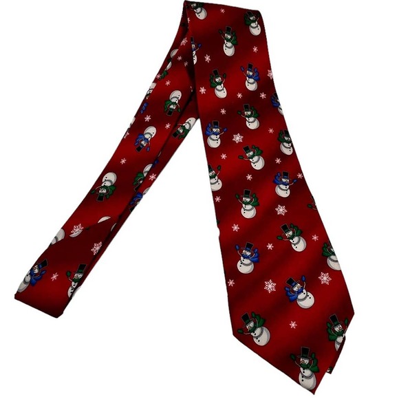 HOLIDAY CHRISTMAS SNOWMEN VIBRANT RED ALL OVER PRINT MEN’S SILK TIE - Picture 1 of 5